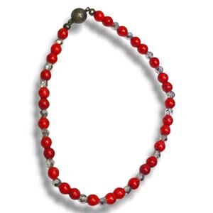 Vintage Red‎ Stone & Crystal Beaded Anklet Ankle Bracelet 9.5" Magnetic Clasp